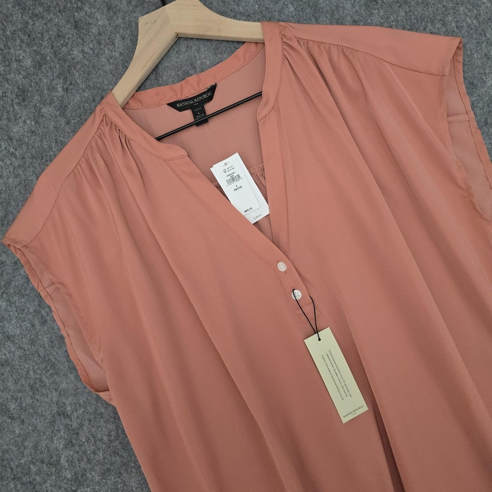 Banana Republic Blouse Women L Petite Pink Amaretti Button V Neck Cap Sleeve Top - Picture 3 of 11